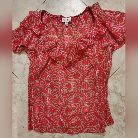 Milly of New York Tops - NWOT Milly Coral Red & Tan Leafy Abstract Floral Ruffle Blouse Silk Top M